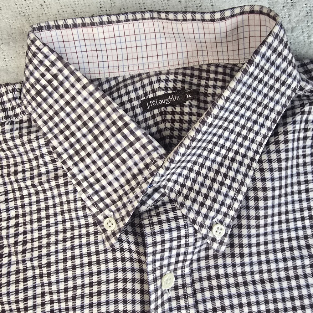 J.McLaughlin Men's XL Brown Blue Plaid 100%Cotton Button Down Pocket Long Sleeve - Picture 12 of 12